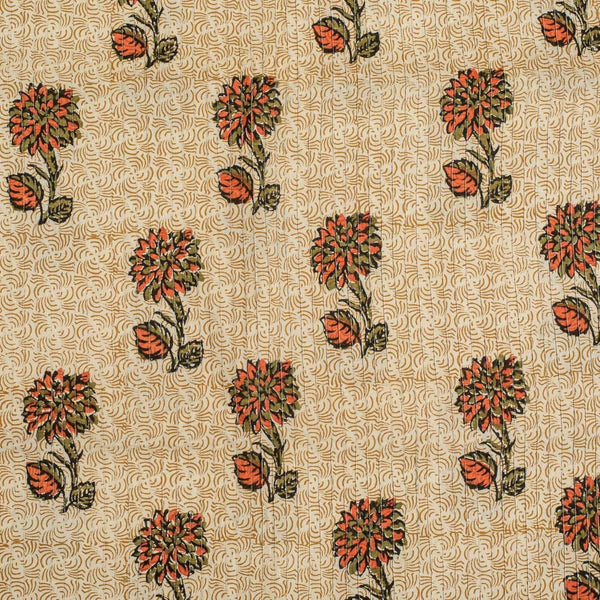 Off White Colour Floral Block Print 39 inch Width Pin Tucks Cotton Fabric 