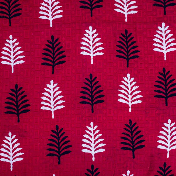 Crimson Red Colour Dabu Block Print Mercerised Cotton Jacquard Fabric 40 inch Width