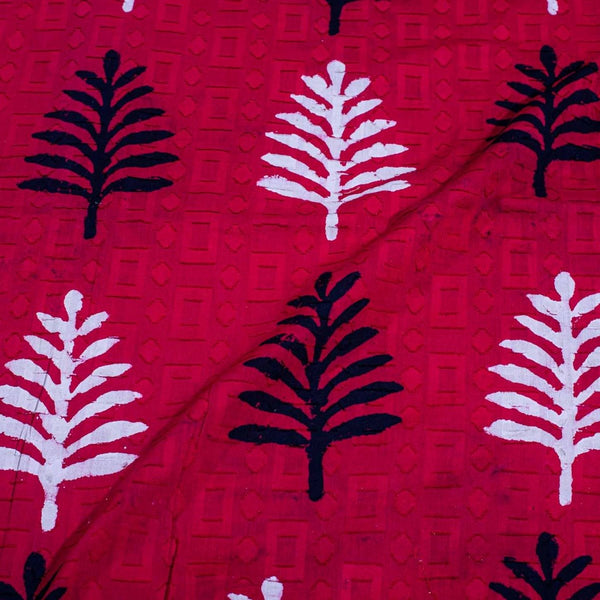 Crimson Red Colour Dabu Block Print Mercerised Cotton Jacquard Fabric 40 inch Width
