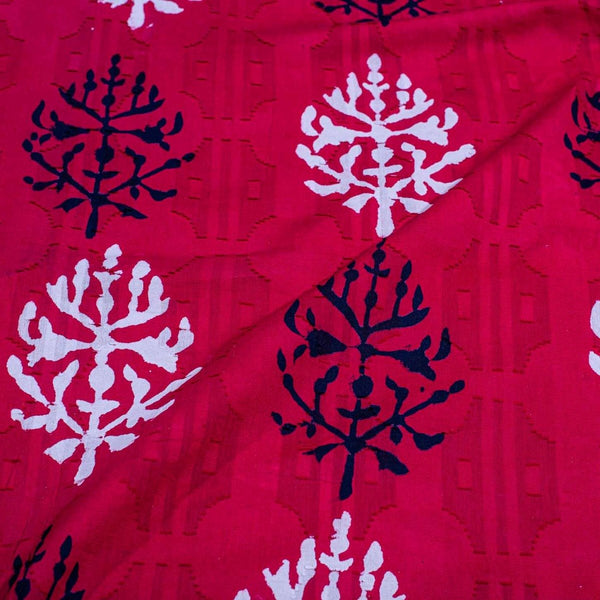 Crimson Red Colour Dabu Block Print Mercerised Cotton Jacquard Fabric 40 inch Width