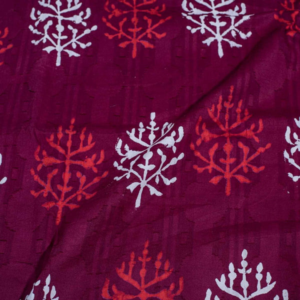 Plum Colour Dabu Block Print Merserised Cotton Jacquard Fabric 40 inch Width