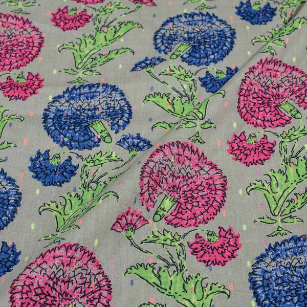 Grey Colour Floral Print Dobby Cotton Fabric