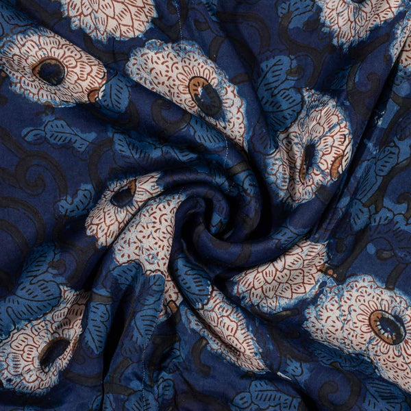 Indigo Colour Floral Jaal Block Print Cotton Modal Satin Fabric 42 inch Width 