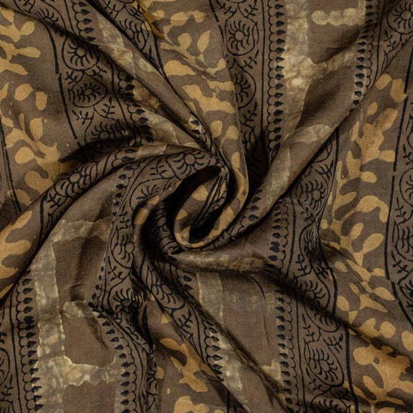 Mustard Brown Colour Bagru Block Print Cotton Modal Satin Fabric 