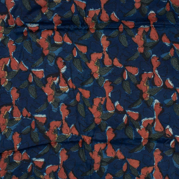 Indigo Colour Floral Block Print Cotton Modal Satin Fabric 42 inch Width 