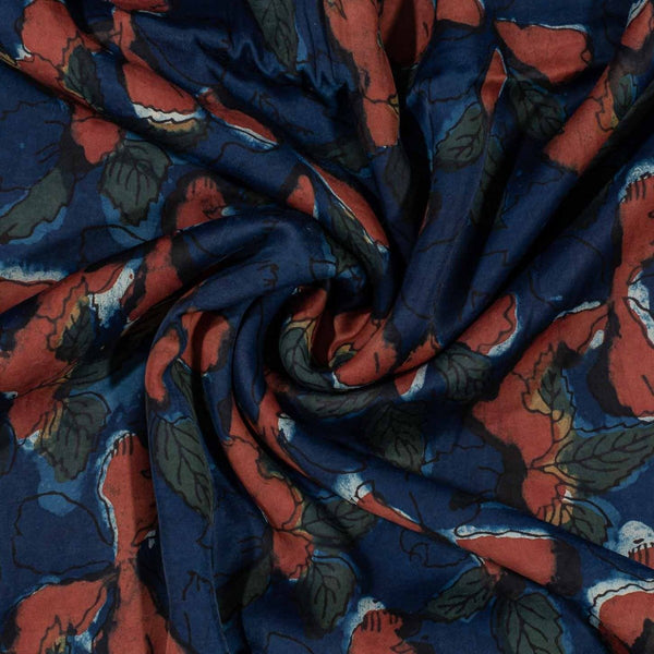 Indigo Colour Floral Block Print Cotton Modal Satin Fabric 42 inch Width 