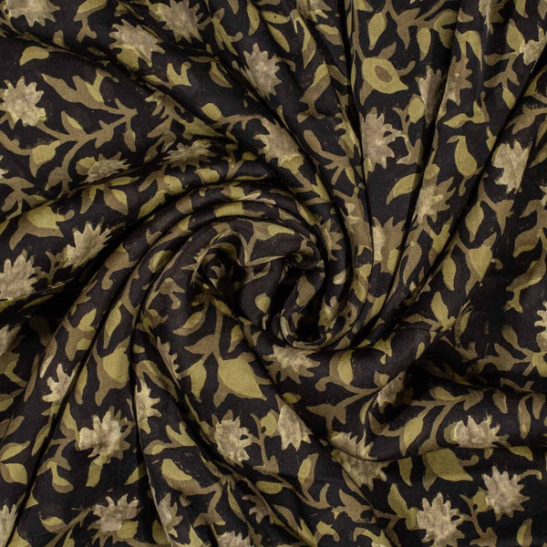 Carbon Black Colour Jawtha Block Print Cotton Modal Satin Fabric 