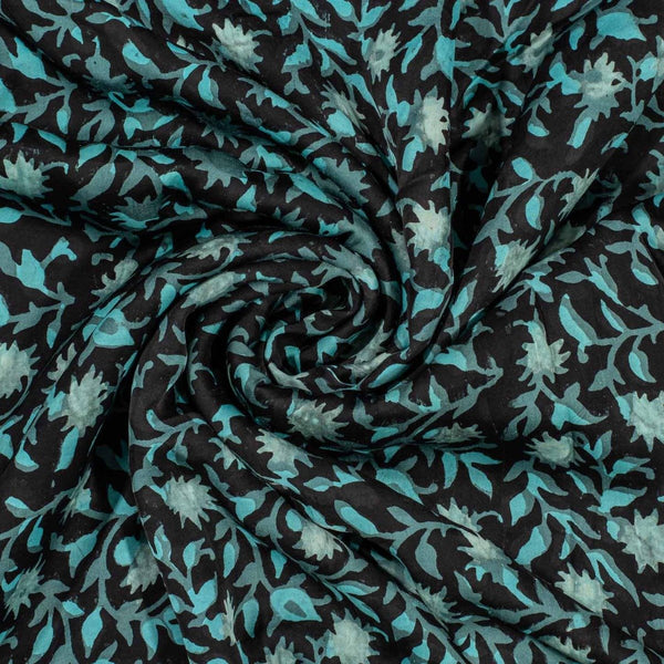 Carbon Black Colour Jawtha Block Print Cotton Modal Satin Fabric 