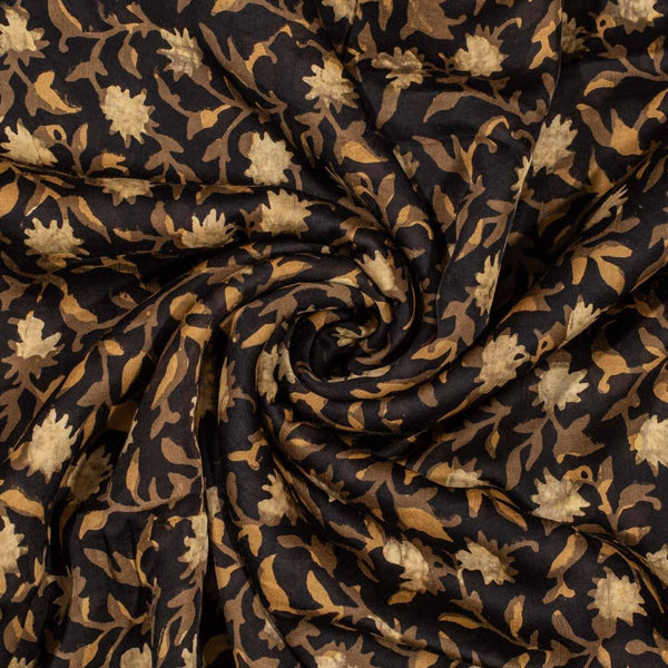 Carbon Black Colour Jawtha Block Print Cotton Modal Satin Fabric 
