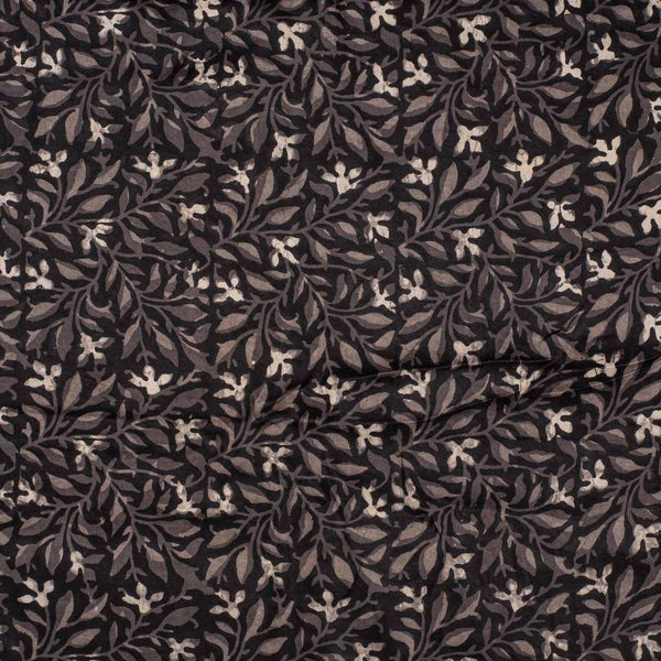 Carbon Black Colour Jawtha Block Print Cotton Modal Satin Fabric 