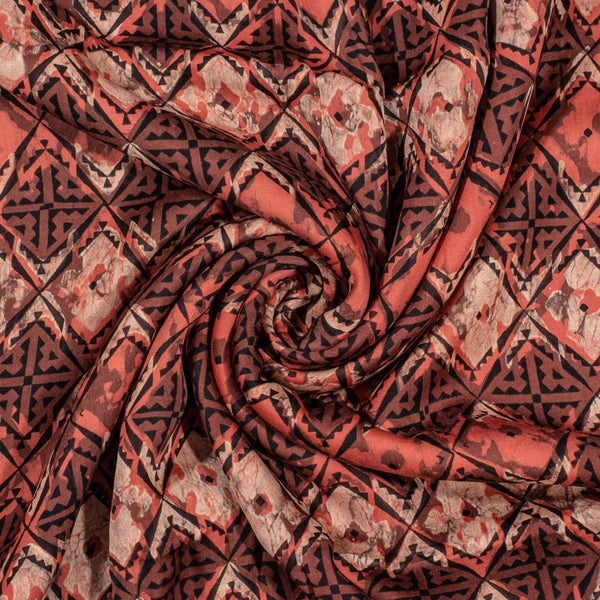 Brick Colour Bagru Block Print Cotton Modal Satin Fabric 