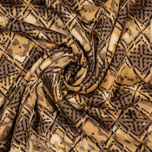 Mustard Brown Colour Bagru Block Print Cotton Modal Satin Fabric 