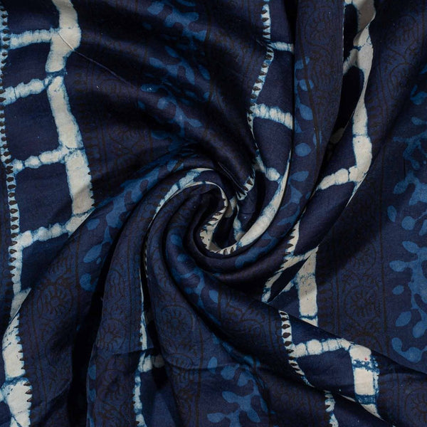 Indigo Blue Colour Bagru Block Print Cotton Modal Satin Fabric 