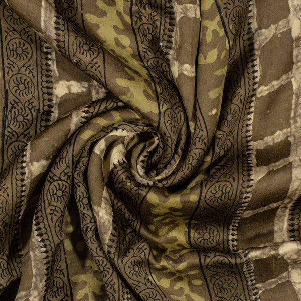 Olive Colour Bagru Block Print Cotton Modal Satin Fabric 