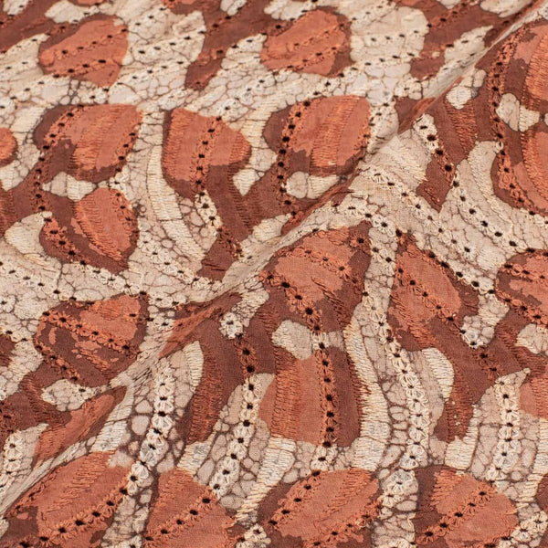 Brown Colour Dabu Print Chikan Inspired Machine Embroidered Cotton Fabric 42 inch Width