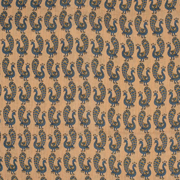 Off White Colour Peacock Motif Print Kantha Cotton Fabric 42 inch Width
