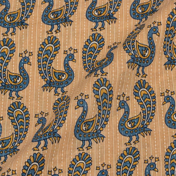 Off White Colour Peacock Motif Print Kantha Cotton Fabric 42 inch Width