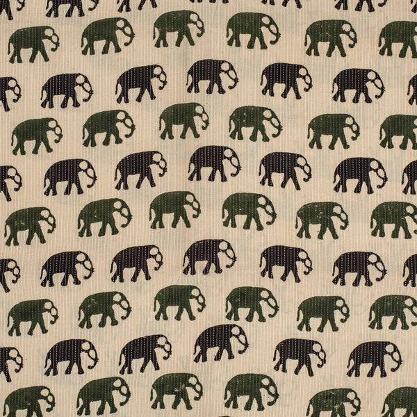Off White Colour Elephant Motif Print Kantha Cotton Fabric 42 inch Width