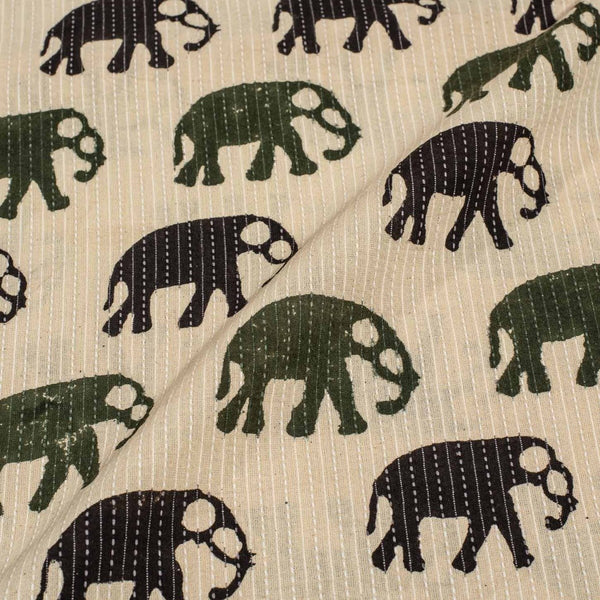 Off White Colour Elephant Motif Print Kantha Cotton Fabric 42 inch Width