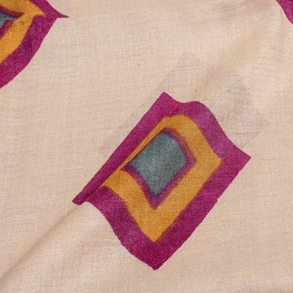 Beige Colour Geometric Block Print Pashmina Weave Silk Fabric Pre Cut Of 2.40 Meter