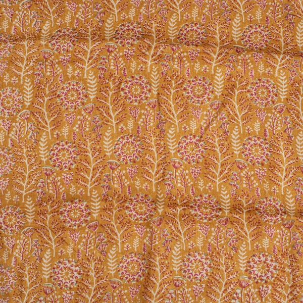 Mustard Colour Floral Jaal  Block Print Pashmina Weave Silk Fabric Pre Cut Of 2.40 Meter
