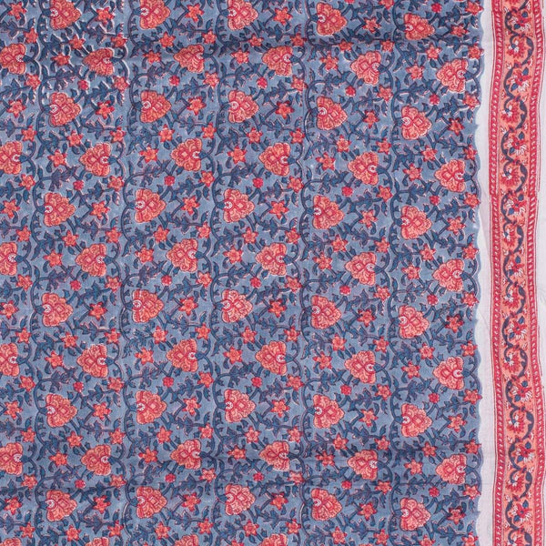 Blue Grey Colour Floral Jaal Print Mal Cotton Fabric With One Side Border 42 inch Width