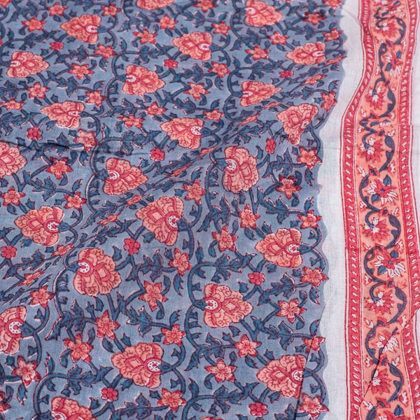 Blue Grey Colour Floral Jaal Print Mal Cotton Fabric With One Side Border 42 inch Width