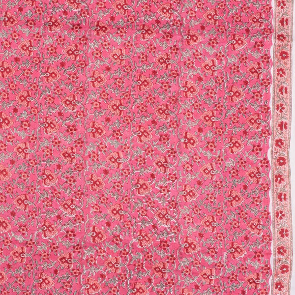 Pink Colour Floral Jaal Print Mal Cotton Fabric With One Side Border 42 inch Width