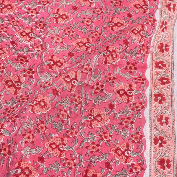 Pink Colour Floral Jaal Print Mal Cotton Fabric With One Side Border 42 inch Width