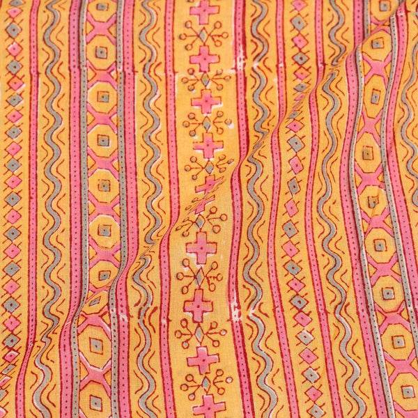 Yellow Colour All Over Border Print Mal Cotton Fabric With One Side Border 42 inch Width