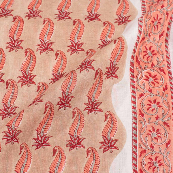 Beige Colour Paisley Print Mal Cotton Fabric With One Side Border 42 inch Width