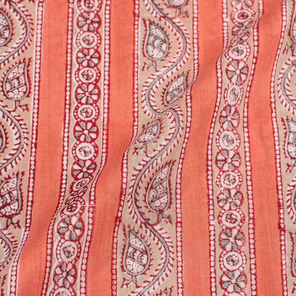 Peach Pink Colour All Over Border Print Mal Cotton Fabric With One Side Border 42 inch Width