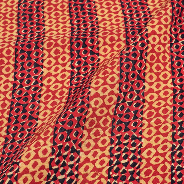 Poppy Red Colour Geometric Print Rayon Fabric With One Side Border 40 inch Width