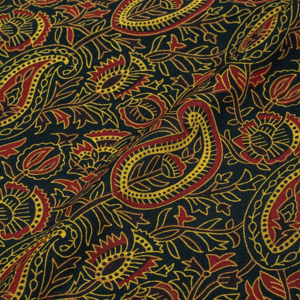 Bottle Green Colour Paisley Print Rayon Fabric With One Side Border 40 inch Width
