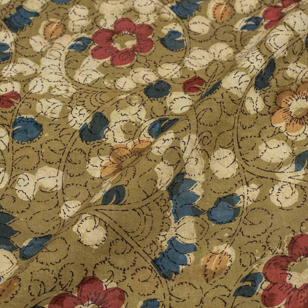 Olive Colour Bagru Kalamkari Print Jawatha Cotton Fabric 