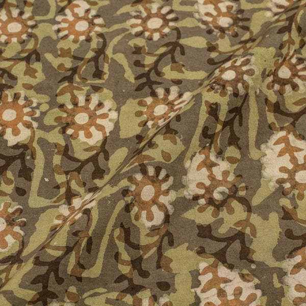 Olive Colour Bagru Kalamkari Print Jawatha Cotton Fabric 