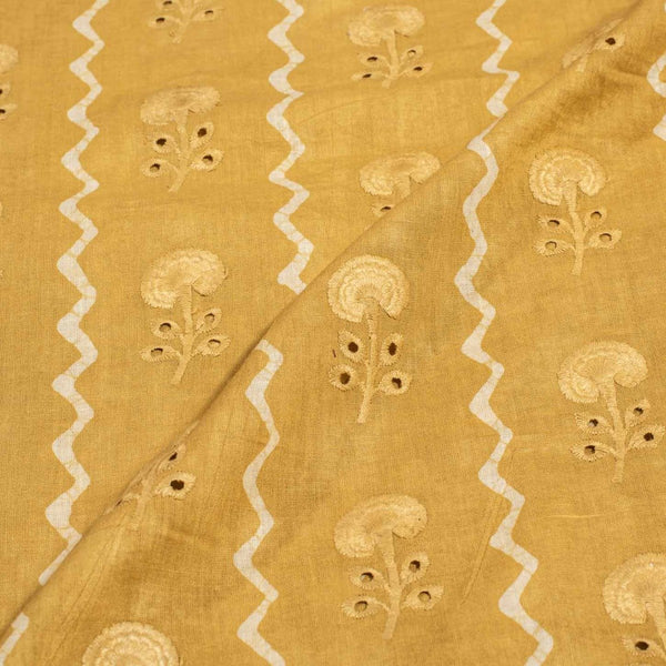 Spicy Mustard Colour Digital Print Schiffli Cut Work Cotton Fabric 38 inch Width