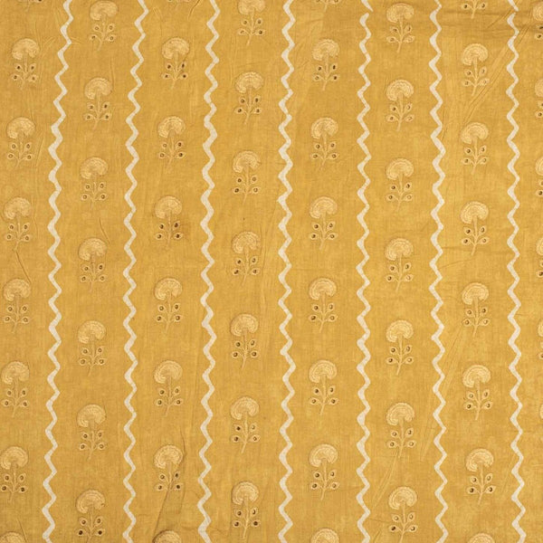 Spicy Mustard Colour Digital Print Schiffli Cut Work Cotton Fabric 38 inch Width
