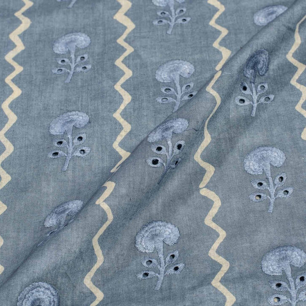 Grey Colour Digital Print Schiffli Cut Work Cotton Fabric 38 inch Width